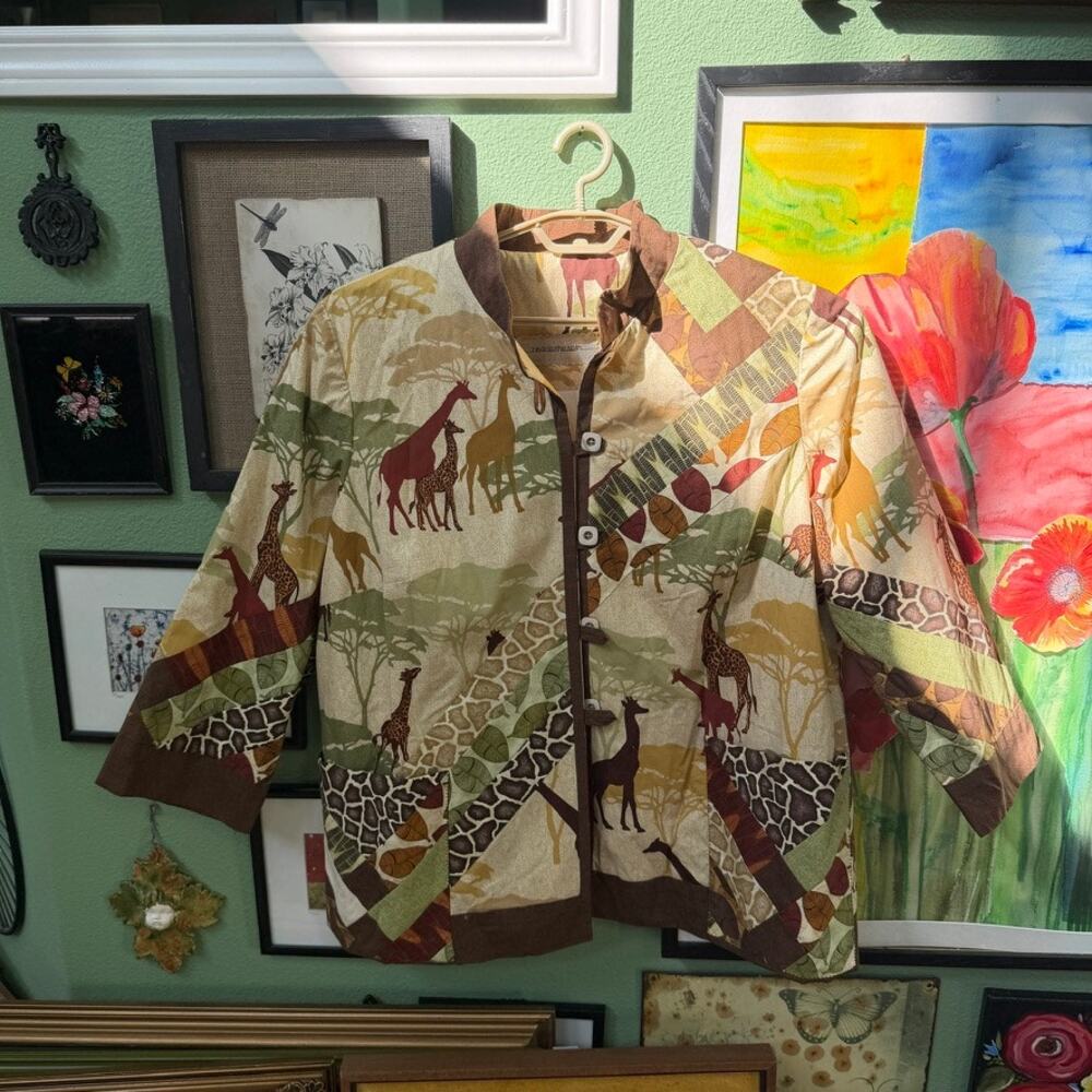 Red Clothespin Jacket Women SZ XL XXL Safari Giraffe Patchwork Print Art To Wear